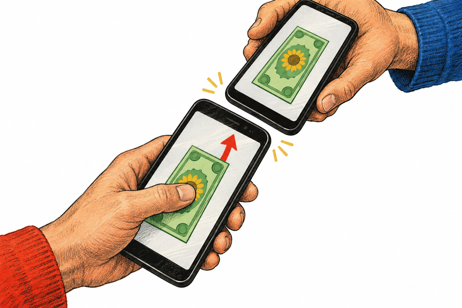 Deux telephones tenus bord a bord : le pouce fait glisser un billet vers l'ecran du partenaire.